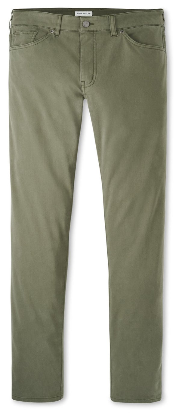 The Peter Millar Signature Sateen Five-Pocket Pant in olive green, showcased against a white background, features a zipper fly and the classic five-pocket style. Made with superior stretch fabric, they deliver both comfort and elegance.