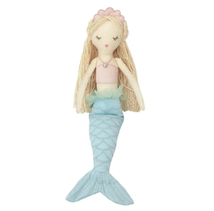 Introducing the MON AMI Mimi Mermaid Large doll by Mon Ami: a whimsical mermaid with long blonde yarn hair, a charming pink crown, and a matching pink top. Ideal for imaginative adventures, this enchanting doll features a light blue tail embellished with captivating scale patterns.