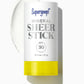The Supergoop Mineral Sheer Stick SPF 30, shown with a yellow base and a swipe of sheer sunscreen on white, provides easy mineral sun protection in a convenient stick format.