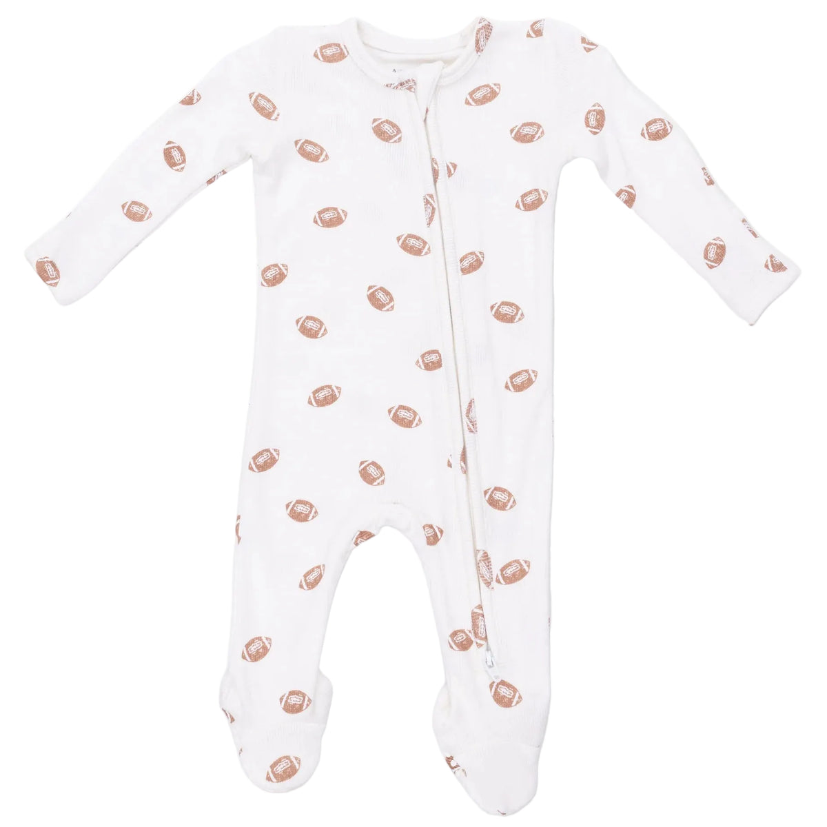 Angel Dear Baby 2-Way Zipper Footie: A white footed baby onesie featuring an allover brown football print, crafted from soft bamboo fabric. Designed with a convenient two-way zipper running from the neck to the left ankle, and shown laid flat on a plain background.
