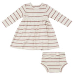 The Angel Dear Modal Rib French Stripe Misty Rose Simple Dress & Bloomer is a charming addition to your baby's wardrobe, featuring light pink and white horizontal stripes.