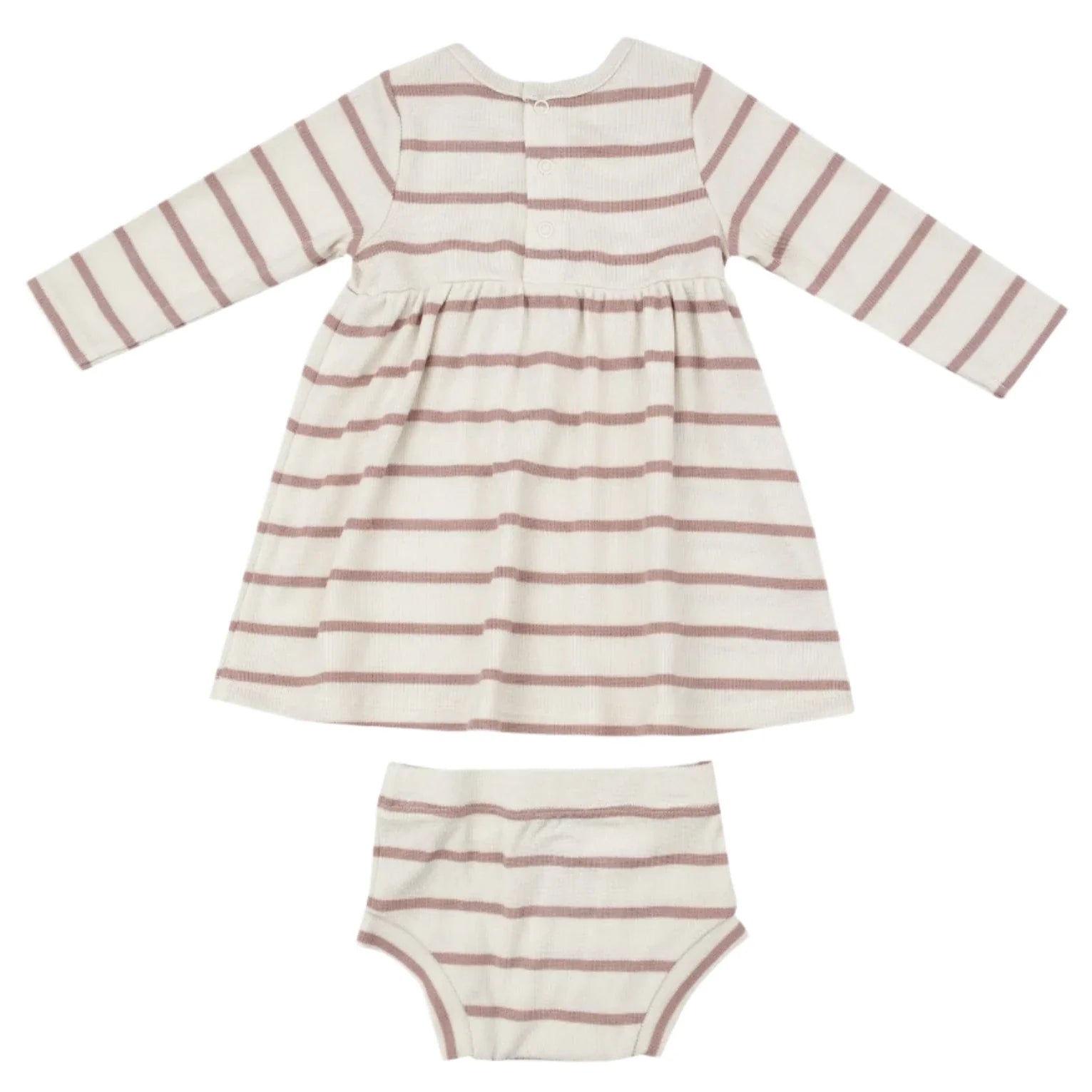 The Angel Dear Modal Rib French Stripe Misty Rose Simple Dress & Bloomer, featuring beige and pink stripes with long sleeves and a round neckline, is a charming addition to any baby's wardrobe, showcased on a plain white background.