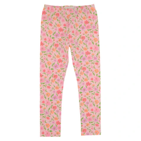 Girls' Mitzy Sue Slacks from The Beaufort Bonnet Company feature a slim fit with a vibrant Grand Cayman Gardens floral print in pink, orange, and green on a white background.