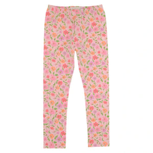 Girls' Mitzy Sue Slacks from The Beaufort Bonnet Company feature a slim fit with a vibrant Grand Cayman Gardens floral print in pink, orange, and green on a white background.