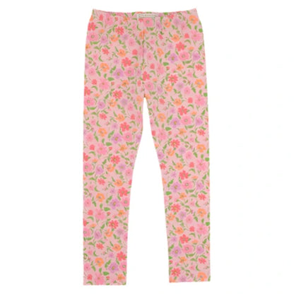 Girls' Mitzy Sue Slacks from The Beaufort Bonnet Company feature a slim fit with a vibrant Grand Cayman Gardens floral print in pink, orange, and green on a white background.