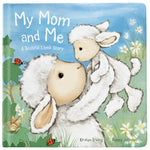 Cover of a children's book titled "Jellycat My Mom & Me Book," a perfect bonding book for Mother's Day by Jellycat, featuring an illustration of a mother sheep lifting her lamb in a green field with flowers and ladybugs.