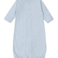 The Kissy Kissy Crescent Moonlight Printed Convertible Gown, designed by Kissy Kissy, is a charming baby gown made from soft Pima cotton. It showcases a light blue color adorned with crescent moon and star patterns. With its long sleeves and gathered bottom hem, this baby garment combines both comfort and style seamlessly.