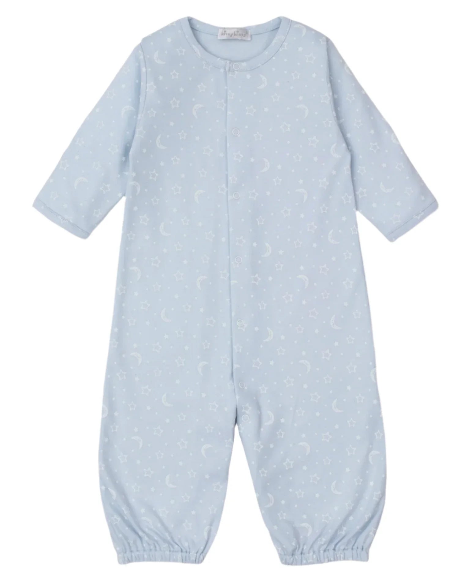 Introduce your little one to cozy comfort with the Kissy Kissy Crescent Moonlight Printed Convertible Gown. This light blue garment from the renowned brand Kissy Kissy is crafted from soft Pima cotton and features a charming celestial pattern of moons and stars. It includes long sleeves and elastic cuffs, making it perfect for cozy comfort in baby clothing.