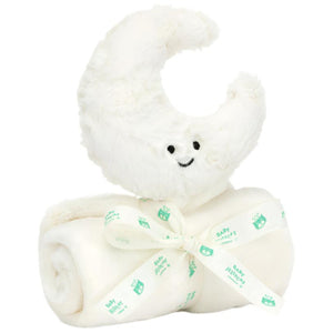 The Jellycat Amuseables Moon Soother by Jellycat, crafted from recycled fibers, features a smiling crescent moon toy placed on top of a rolled white blanket tied with a ribbon—a perfect newborn gift.