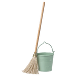 The Maileg Bucket & Mop set features a wooden-handled mop with white fibers and a light green plastic bucket with a handle, making it perfect for tiny Maileg buddies in their charming dollhouse.