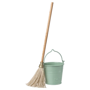 The Maileg Bucket & Mop set features a wooden-handled mop with white fibers and a light green plastic bucket with a handle, making it perfect for tiny Maileg buddies in their charming dollhouse.