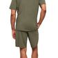 A person in the Eberjey Henry Short PJ Set by Eberjey, comprising an olive green T-shirt and matching shorts made from temperature-regulating TENCEL™ Modal, is seen from the back against a plain white background.