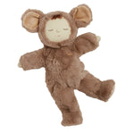 The Olli Ella Cozy Dinkum Doll by Olli Ella is a plush companion, dressed in a furry brown bear suit complete with closed eyes, floppy ears, and relaxed limbs—the perfect newborn baby gift.