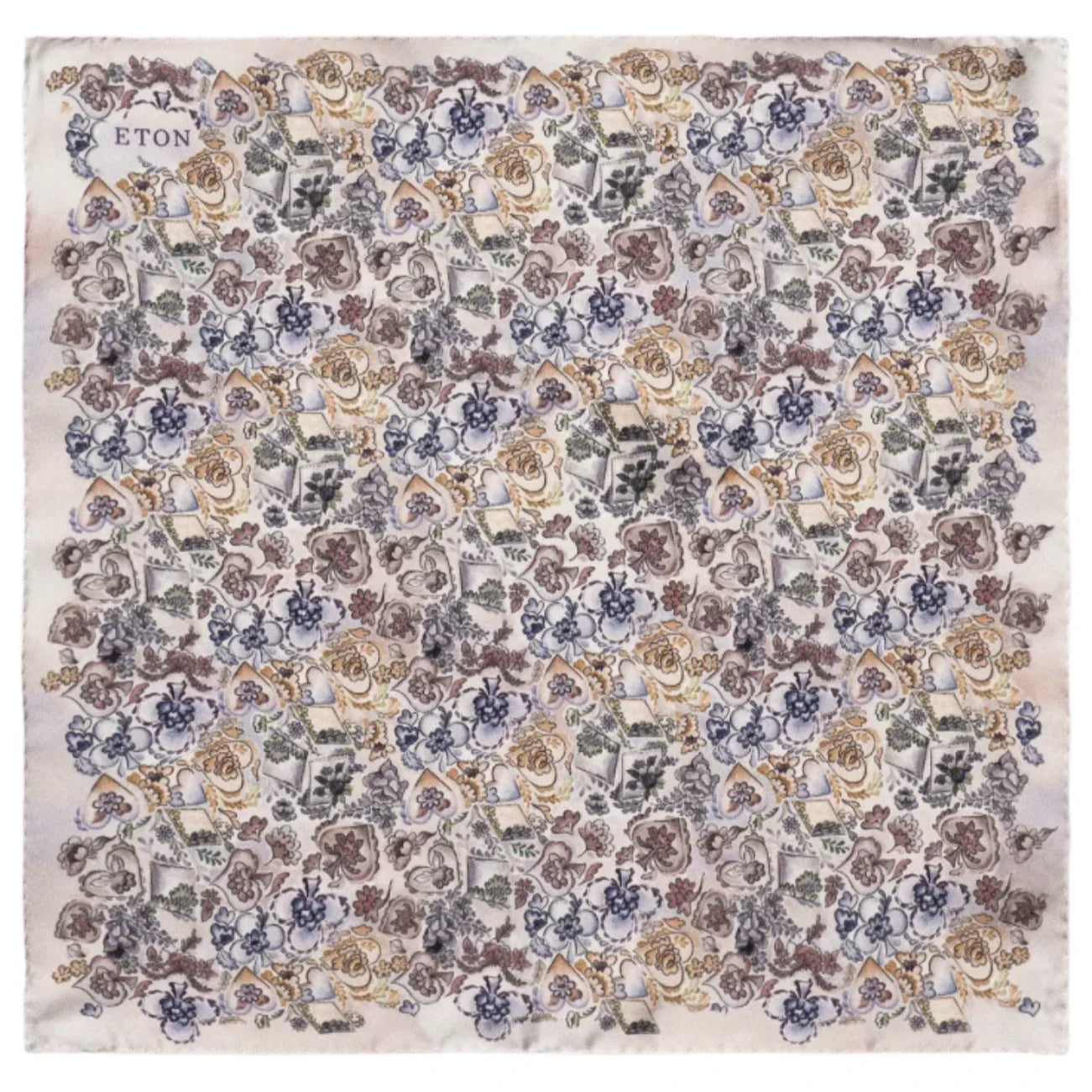 Eton Multi Floral Silk Pocket Square featuring intricate multicolored patterns in blue, brown, and yellow on a white background, with "Eton" printed in the top left corner.