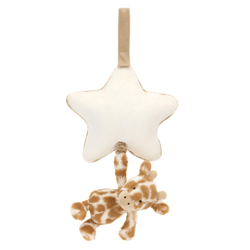 The Jellycat Bashful Giraffe Musical Pull, made from recycled fibers, hangs from a soft white star with a convenient loop for easy display.