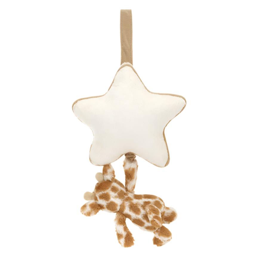 A Jellycat Bashful Giraffe Musical Pull, designed for both decoration and play, crafted with recycled fibers.