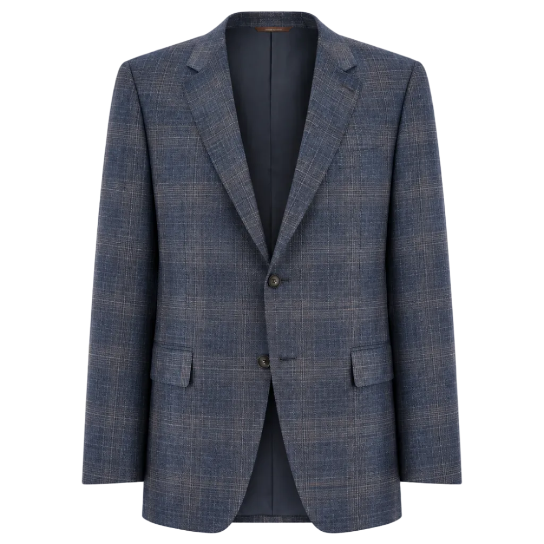 Canali Navy Plain Blazer in blue plaid featuring a two-button closure and two flap pockets.