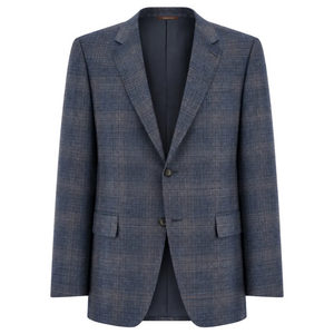 Canali Navy Plain Blazer in blue plaid featuring a two-button closure and two flap pockets.