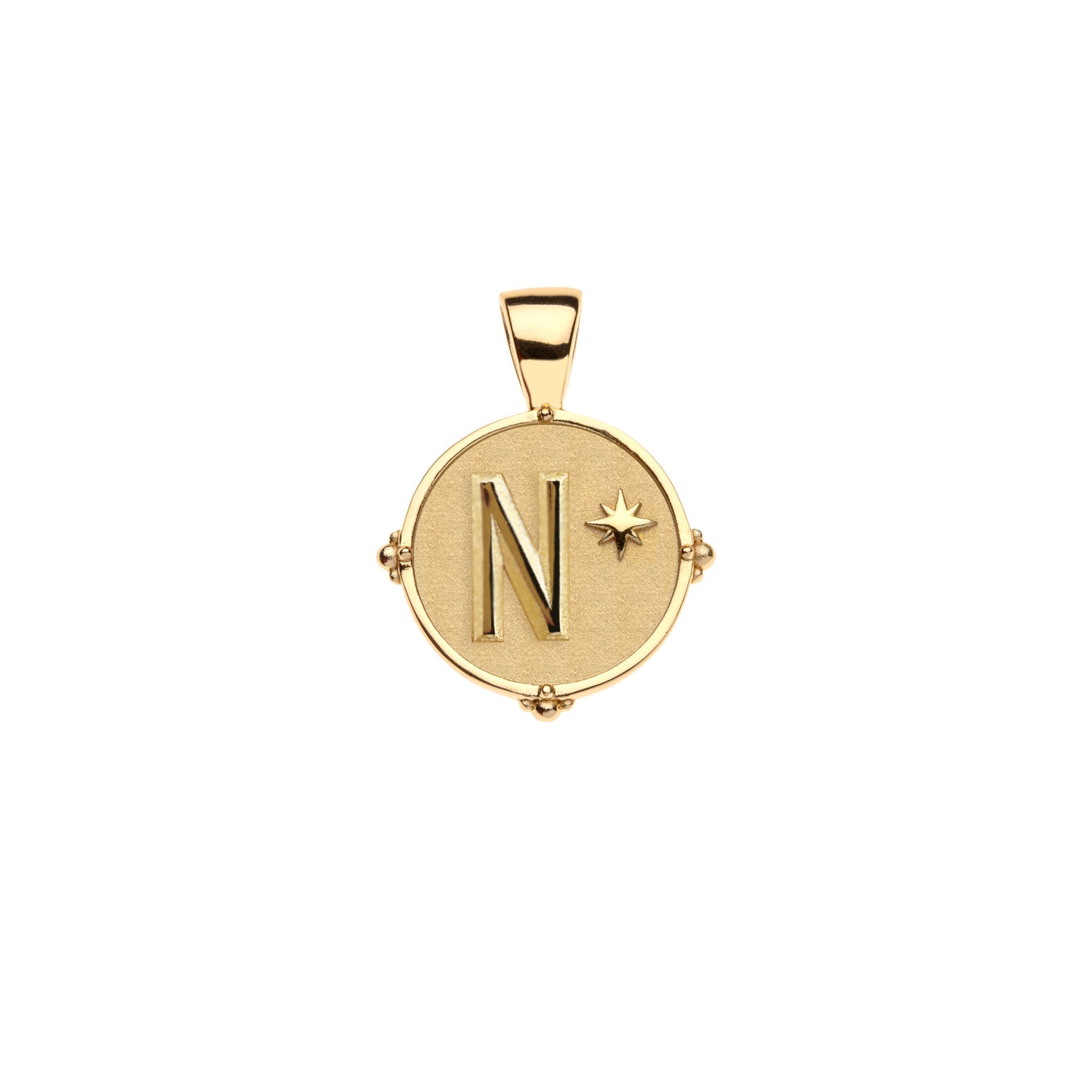 The Jane Win Letter Pendant Satellite Necklace Collection features a 14k gold pendant with a raised "N" and star on a round medallion, designed for personalization or to pair with a beaded satellite chain via its top loop.