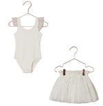 The Noralee Baby Girls’ and Girls’ Lottie Tutu Set features a sleeveless white leotard with delicate sheer ruffle sleeves, paired with a double-tiered tulle tutu skirt adorned with subtle sparkles, both elegantly displayed on hangers against a crisp white background.