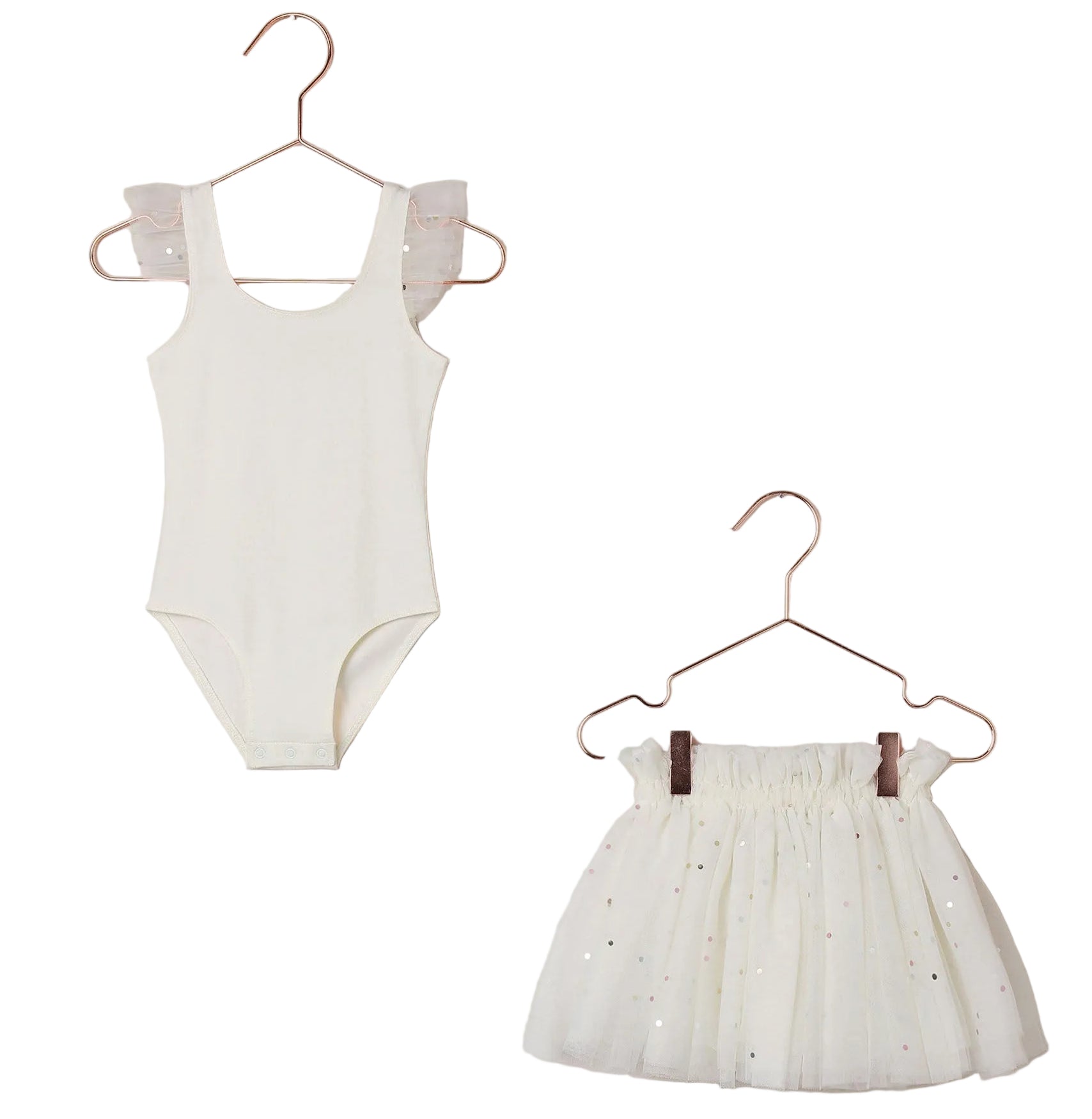 The Noralee Baby Girls’ and Girls’ Lottie Tutu Set features a sleeveless white leotard with delicate sheer ruffle sleeves, paired with a double-tiered tulle tutu skirt adorned with subtle sparkles, both elegantly displayed on hangers against a crisp white background.