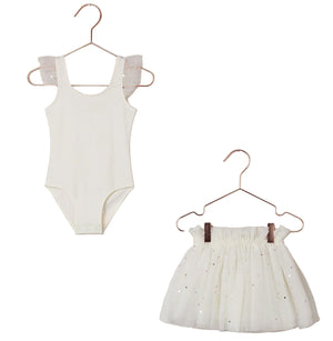 The Noralee Baby Girls’ and Girls’ Lottie Tutu Set features a sleeveless white leotard with delicate sheer ruffle sleeves, paired with a double-tiered tulle tutu skirt adorned with subtle sparkles, both elegantly displayed on hangers against a crisp white background.
