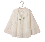 Noralee Girls’ Tulle Cape with layered ruffles, shimmering silver sequin accents, and two pom-poms adorned with gold glitter star appliqués, displayed on a hanger against a white background—a magical accessory for your little party princess.