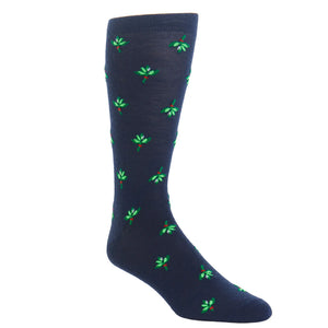 The Dapper Classics Dress Navy with Green and White Mistletoe Fine Merino Wool Sock features a stylish mistletoe motif and linked toe, crafted for comfort in breathable material at mid-calf length.