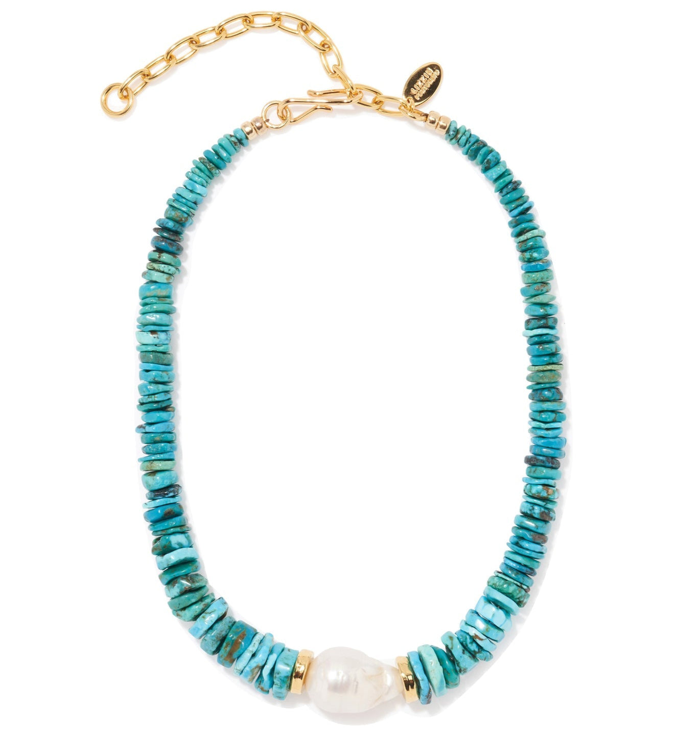 The Sky Stone Necklace by Lizzie Fortunato features a baroque freshwater pearl centerpiece, turquoise beads, gold accents, and an adjustable gold chain clasp.