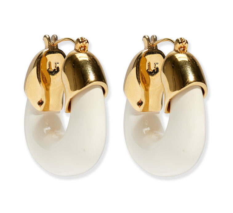 Lizzie Fortunato Organic Gold Hoops—gold-tone and white resin rounded hoop earrings with clip-on closures.