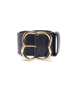 The Lizzie Fortunato Florence Gold Buckle Belt showcases black leather with a distinctive gold-plated buckle in the form of a stylized butterfly.