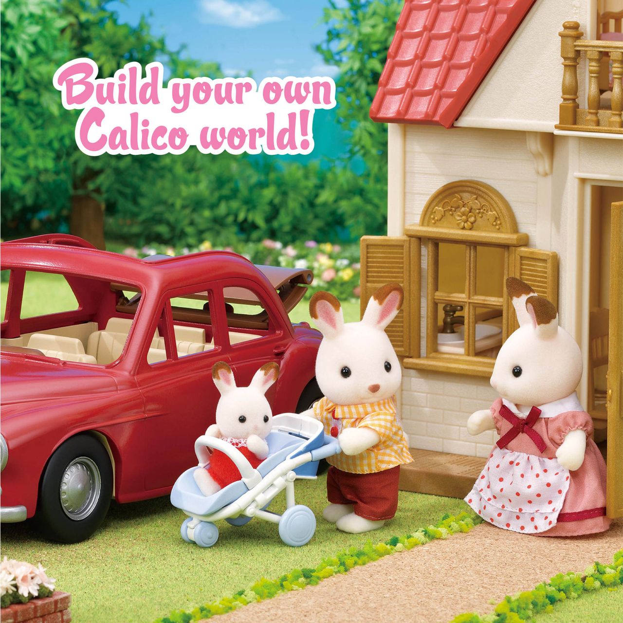 Three Calico Critters toy rabbit figures stand near a red Calico Critters Family Cruising Car and a house in Calico Village, with one pushing a stroller. Text reads, “Build your own Calico world!”.