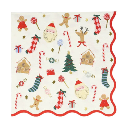 Meri Meri Jolly Christmas Large Napkins feature delightful illustrations of Santa, reindeer, stockings, candy canes, gingerbread figures, and gift boxes. These charming designs on a white background with a red scalloped border are perfect for adding a whimsical touch to your festive party or Christmas dinner.