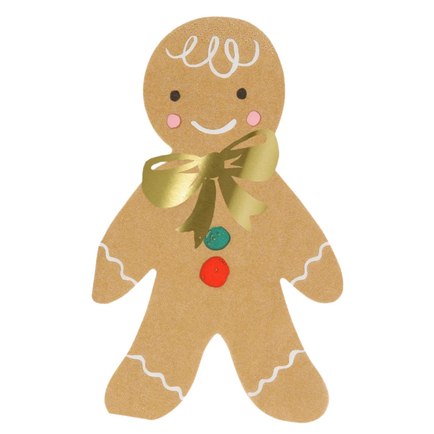 With the Meri Meri Gingerbread Napkins, featuring a smiling gingerbread person adorned with white icing details, green and red buttons, and a gold ribbon around its neck, you can add charm to your Christmas party table amidst festive decorations.