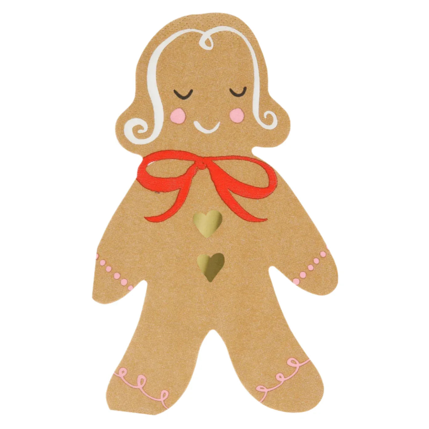 Meri Meri Gingerbread Napkins feature an illustration of a gingerbread person with a red bow, two gold heart-shaped buttons, closed eyes, and a smiling expression—ideal for adding festive charm to your Christmas party table.