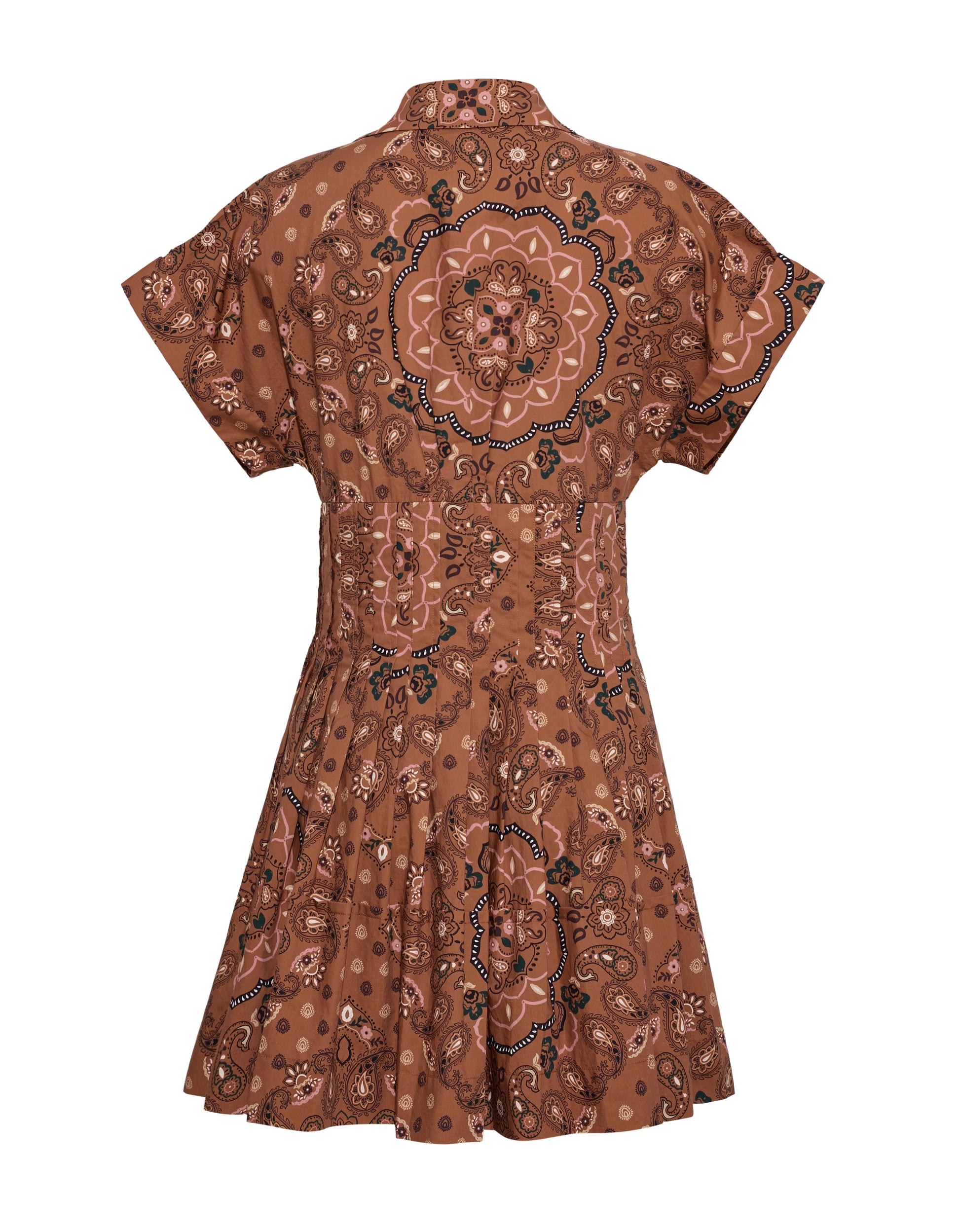 The Cara Cara Nash Mini Dress features short sleeves and a brown fit-and-flare silhouette adorned with paisley and mandala patterns, shown from the back to highlight its fitted waist, flared skirt, and convenient side seam pockets.