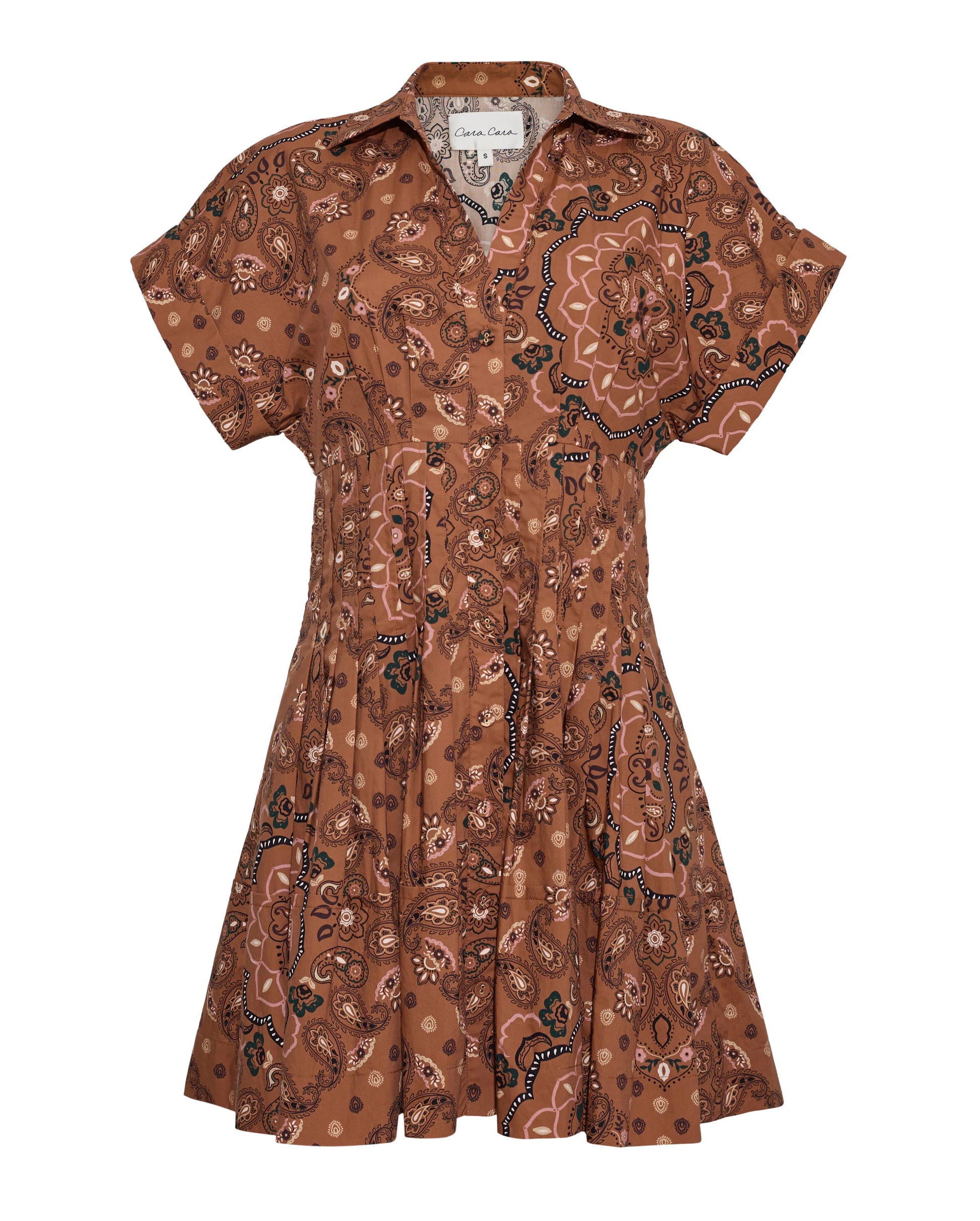 The Cara Cara Nash Mini Dress, shown against a white background, is a short-sleeve brown shirtdress with a paisley print, button-up front, collared neckline, fitted waist, and pleated fit-and-flare skirt. This mini dress also includes convenient side seam pockets for added functionality.