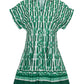 The Nash Mini Dress by Cara Cara features a green and white geometric print, button-down front, collared neckline, and pleated hem for a flattering silhouette.