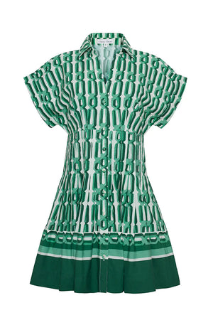 The Nash Mini Dress by Cara Cara features a green and white geometric print, button-down front, collared neckline, and pleated hem for a flattering silhouette.