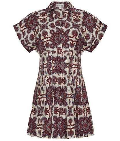 The Cara Cara Nash Mini Dress is a short-sleeve collared mini shirtdress with a brown, maroon, and blue paisley print on cream, featuring a pleated skirt and button front for an ideal fit.