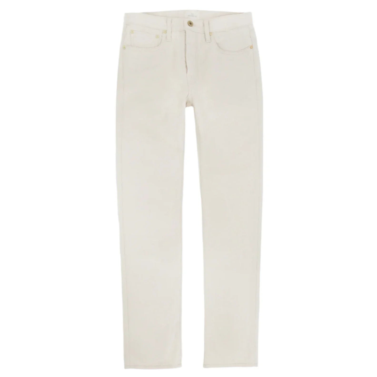 The Sid Mashburn Slim Straight Jean, designed by Sid Mashburn, is displayed in off-white. It is crafted from Cone Mills denim and features front pockets and a button closure.