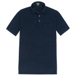 The Sid Mashburn Short-Sleeved Polo, crafted by the brand Sid Mashburn, is a navy blue polo made from luxurious Peruvian Pima cotton. It features a collar, three buttons, and a chest pocket.