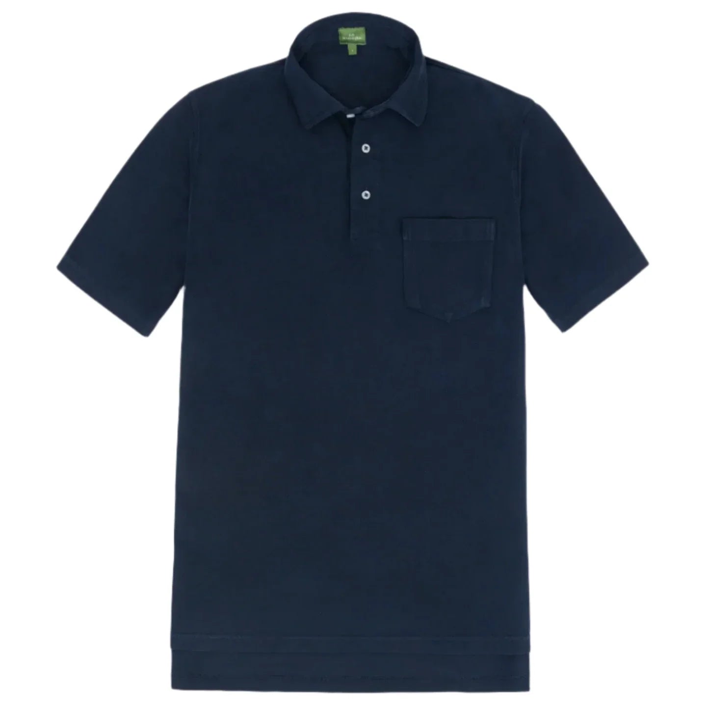 The Sid Mashburn Short-Sleeved Polo, crafted by the brand Sid Mashburn, is a navy blue polo made from luxurious Peruvian Pima cotton. It features a collar, three buttons, and a chest pocket.