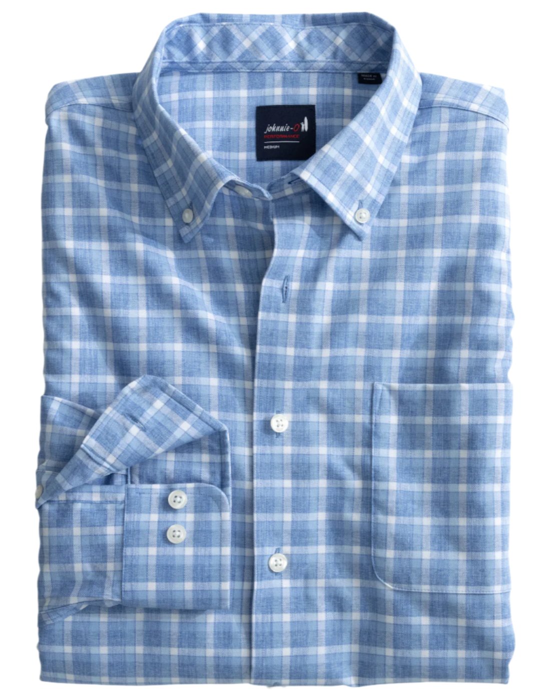 The Johnnie-O Roosevelt Button Down by Johnnie-O is a folded long-sleeve, button-up shirt featuring a light blue and white plaid pattern crafted from wrinkle-resistant oxford fabric for effortless style.