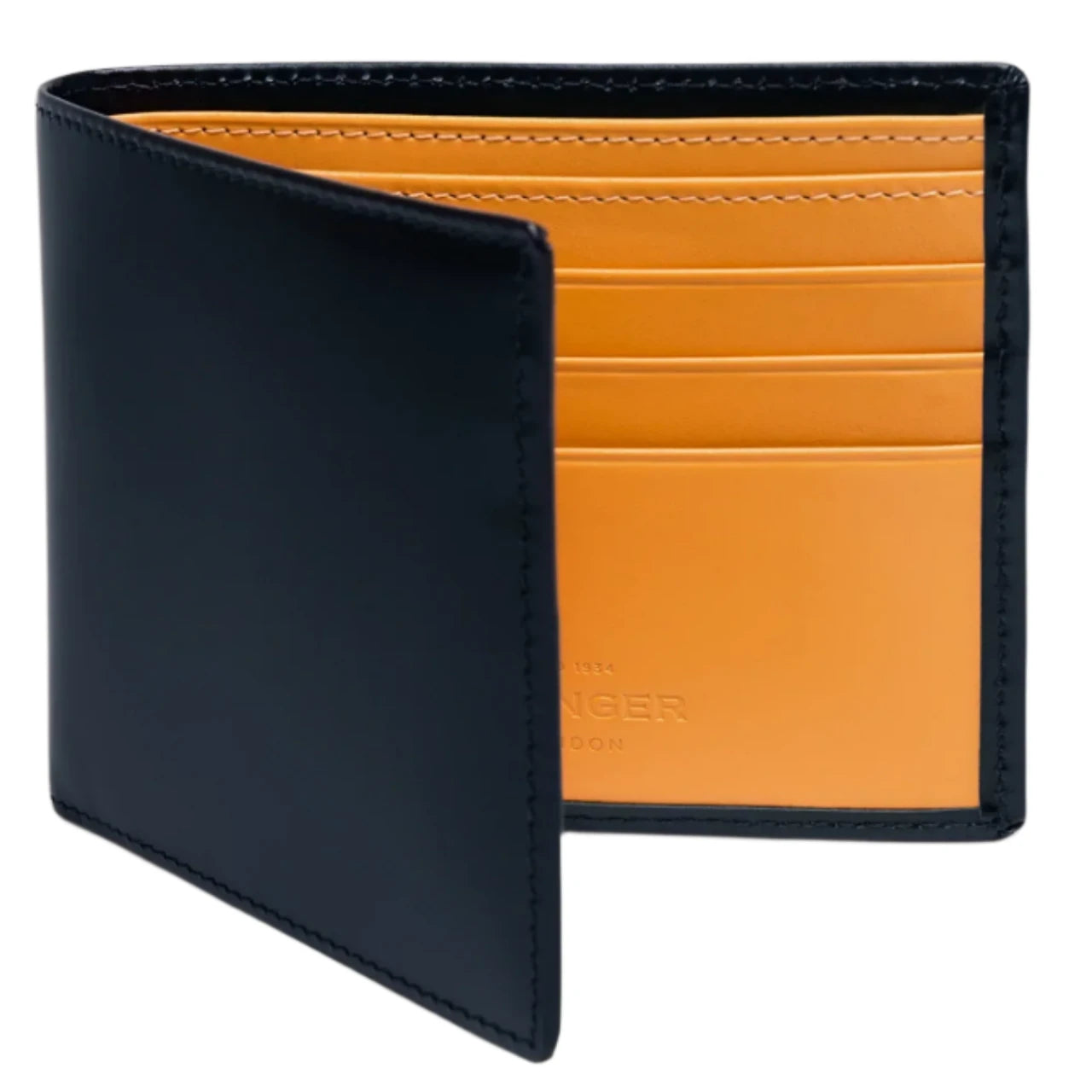 The Ettinger Bridle Billfold 6 Credit Card Wallet by Ettinger is an open bifold wallet made from English bridle leather in black and orange, featuring several card slots.