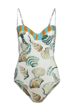 The Nevis One Piece by Hunter Bell NYC features a flattering fit with blue and orange checkered trim and an all-over seashell print on a white background.