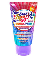 A tube of Sunshine Glitter Sea Star Sparkle SPF 50 Sunscreen with rainbow glitter. The packaging highlights eco-friendly biodegradable glitter for a shimmering effect, UVA/UVB protection, water resistance, and reef-safe, no animal testing attributes.