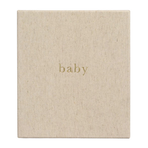 A simple keepsake box with the word "baby" printed in lowercase letters from Write To Me Baby Birth to Five Years Oatmeal.