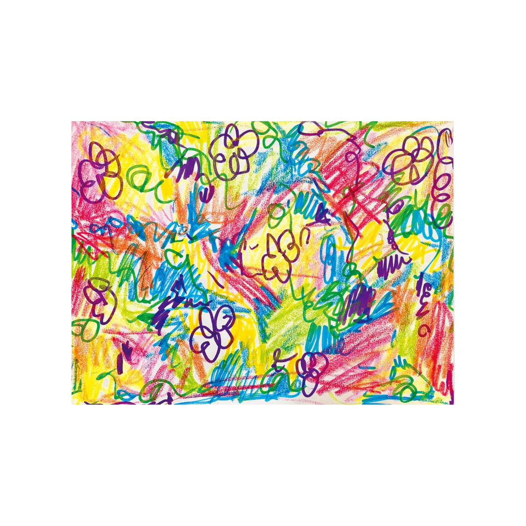 A child's drawing of colorful flowers on a Bright Stripes Recycled Newsprint Scribble Pad using crayons.