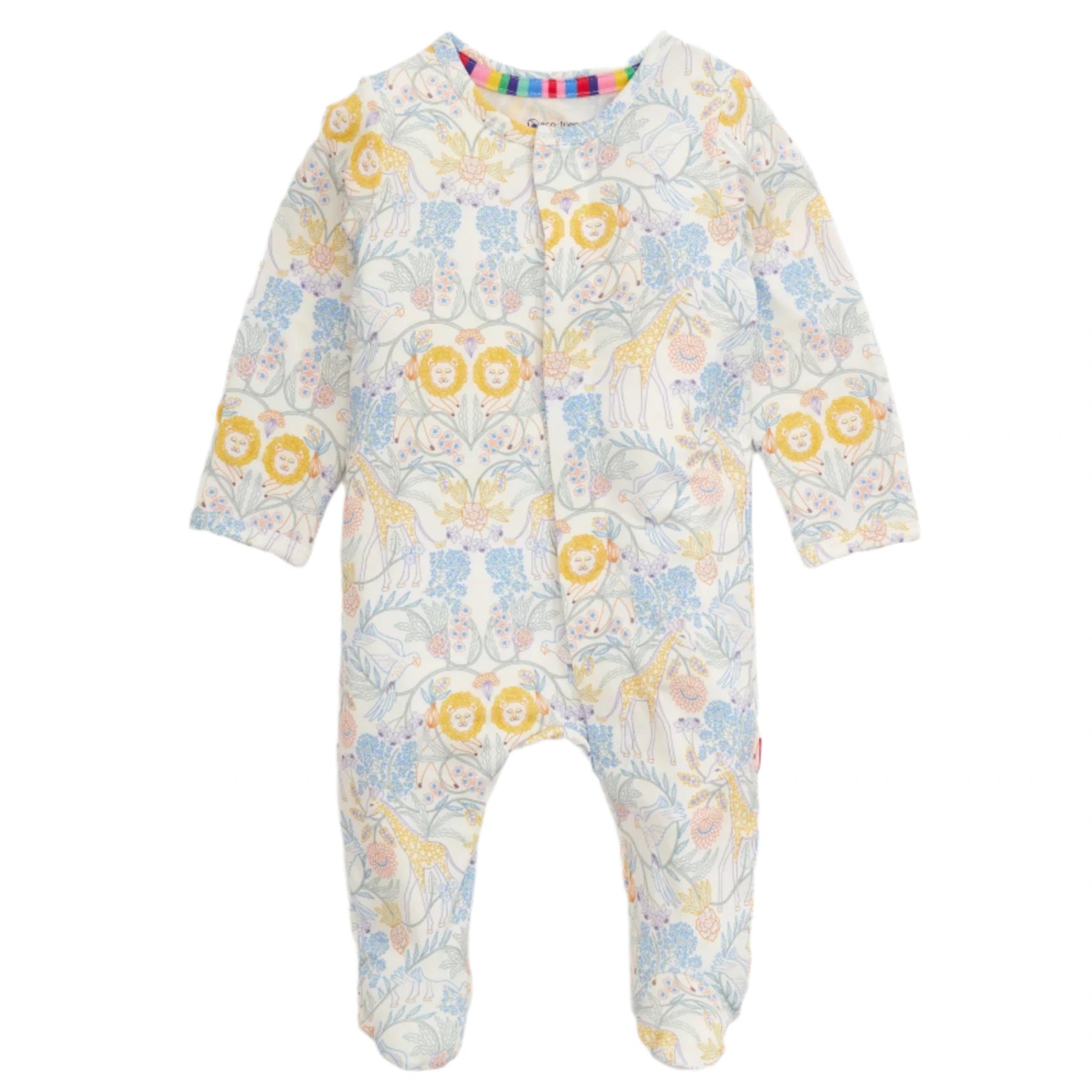 The Magnetic Me Baby Modal Footie is a long-sleeved, eco-friendly TENCEL™ modal onesie with snaps down the front and a pastel animal and floral print featuring lions, giraffes, and plants.